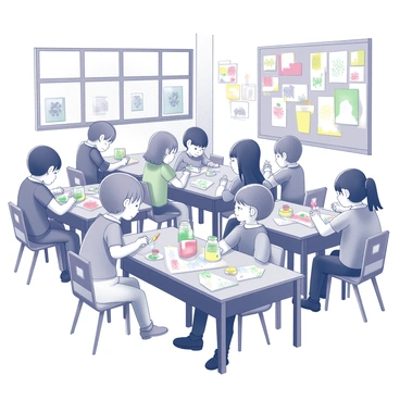 A classroom filled with engaged children working together on a creative project. The children are sitting at wooden tables, surrounded by various supplies including colorful sheets of paper and brushes. Some children are carefully painting intricate designs on their decorations, while others are cutting and folding the paper into unique shapes. The walls of the classroom are decorated with previous art projects, showcasing a vibrant learning environment. Each child is focused on their task, with expressions of concentration and excitement. The atmosphere is lively and filled with the sounds of their collaborative effort.