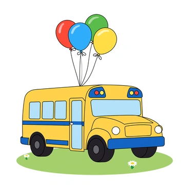 A small yellow school bus is parked on a sunny day. The bus has large windows and cheerful blue accents along the sides. Tied to the roof of the bus are a bunch of colorful balloons in bright shades of red, blue, green, and yellow, bobbing gently in the breeze. The balloons are secured with colorful ribbons, and a few of them have a shiny, reflective surface. The ground around the bus is a light green grassy area, and there are a few scattered daisies nearby, adding to the playful atmosphere.