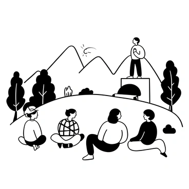 A group of people seated on a grassy hillside, attentively listening to a figure standing on a raised platform delivering a sermon. The individuals have diverse clothing styles, some wearing hats and others with scarves. In the background, a range of mountains rises, with peaks outlined against the sky. The sun is rising behind the mountains, casting elongated shadows across the grass. A few trees are scattered around the scene, providing a natural setting. "Peace" is subtly displayed in the foreground, blending with the environment.