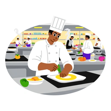 A chef in a busy kitchen wears a white chef's coat and a tall hat, focused on a gourmet dish. The chef carefully adds a sprig of fresh basil as the finishing touch. Surrounding the chef are stainless steel pots and pans, with vibrant vegetables and colorful ingredients scattered on the countertop. In the background, a bustling team of cooks works efficiently, and the kitchen showcases shelves filled with various spices and cooking utensils. The ambiance is lively, with steam rising from the stovetops and the warm glow of overhead lights illuminating the scene.
