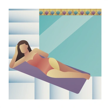 A stylish woman lounging on a sunbed next to an art deco swimming pool with vibrant mosaic tiles.