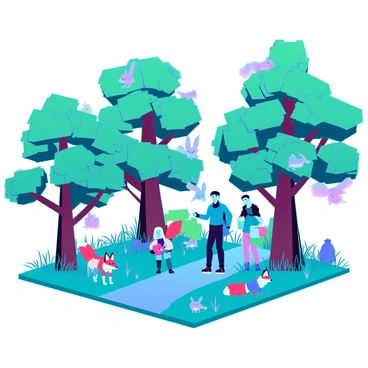 A vibrant virtual forest filled with pixelated trees in various shades of green and blue. The trees have square leaves and blocky trunks, creating a distinct digital appearance. Colorful pixelated animals such as foxes, rabbits, and birds are seen interacting playfully with visitors. Some animals are curiously approaching the visitors, while others are playfully jumping from branch to branch. The ground is covered with pixelated grass, and a pathway meanders through the forest, leading deeper into the enchanting scene. Visitors, depicted as pixelated avatars, are exploring the area, engaging with the animals, and taking in the unique environment around them.