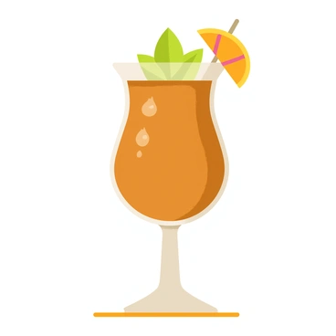 A tall, elegant cocktail glass filled with a rich, brownish liquid made from tamarind. The drink is topped with a few vibrant green mint leaves, adding a fresh touch. A colorful slice of fruit, possibly an orange or lime, is placed on the rim of the glass, enhancing its visual appeal. The glass stands on a wooden bar top, with a subtle sparkle reflecting its contents.