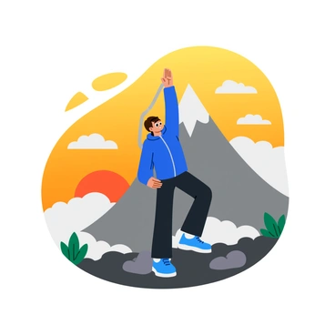 A hiker wearing a bright blue jacket is performing a "thread-the-needle" stretch on a mountain top at sunrise. The sun is rising in the background, casting warm orange and yellow hues across the sky. The hiker stands on one leg, bending forward while reaching one arm through the gap created by the other arm. White fluffy clouds surround the mountain peak, with some clouds drifting below. The rocky mountain terrain is visible beneath the hiker's feet, adding texture to the scene.