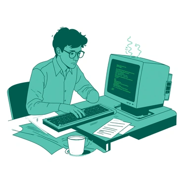 A teal early computer programmer is intently focused on a vintage computer with a DOS interface displayed on the screen. The programmer, wearing round glasses and a casual button-up shirt, is typing on a classic keyboard. The computer setup is on a simple wooden desk cluttered with papers and a steaming white coffee mug. The room has soft lighting, highlighting the details of the keyboard and the programmer's concentrated expression.