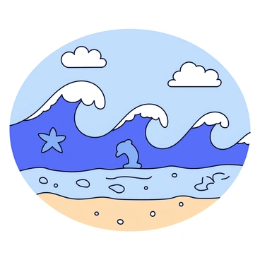 Ocean waves rolling towards the shore, with a deep blue color and white frothy crests. As the waves approach the beach, they morph into various shapes, such as a starfish, a seashell, and a dolphin. The background features a clear sky with a few fluffy white clouds. Sand is visible along the shoreline, and small foam bubbles scatter across the wet sand.