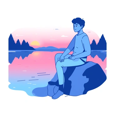 A blue person is sitting on a large smooth rock beside a lake. The person has a calm expression, with eyes gazing thoughtfully at the water. The lake reflects the colors of the sunset, creating a gradient of orange and pink tones across the surface. In the distance, silhouettes of trees can be seen against the sky. The scene conveys a sense of solitude and quiet reflection.