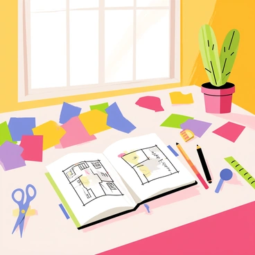A designer's desk covered with vibrant fabric swatches in various colors and patterns. The desk has an assortment of sketching tools, including pencils, markers, and a sketchbook open to a fashion design layout. A measuring tape lies next to a pair of scissors, and a small potted plant adds a touch of greenery to the workspace. Sunlight streams in from a nearby window, illuminating the materials on the desk.