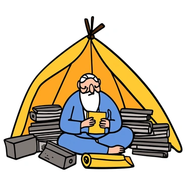 Moses writing down laws in a secluded tent surrounded by scrolls and tablets