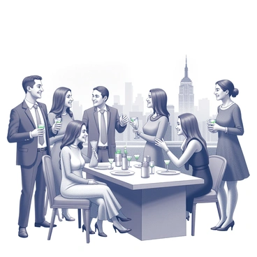 A rooftop party set against a backdrop of a sprawling skyline. The scene features a variety of vintage decor elements, including ornate lanterns and elegant table settings. Several guests are gathered, engaged in conversation and laughter. They are holding cocktails in stylish glasses, while some are standing and others are seated at a beautifully arranged table. The atmosphere is lively, with the cityscape visible in the distance.