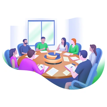 A modern pastel illustration depicting a jury sitting around a large, round table. The jury members, a diverse group of individuals, are engaged in discussion. Each person has a notepad and pen in front of them. The table has a centerpiece that includes a gavel and a legal book. Papers and documents are scattered around the table. There is a window in the background, allowing natural light to illuminate the scene. The atmosphere is focused and serious as the jury members make notes and share their thoughts.