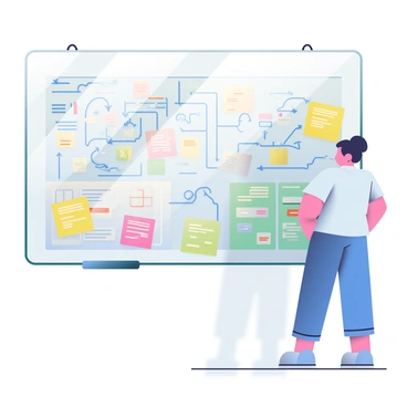 A large transparent glass board is mounted on a wall, filled with colorful flow charts and diagrams. The flow charts are drawn in blue and orange markers, depicting various processes and connections with arrows. There are sticky notes in various colors, such as yellow and pink, attached to the board to highlight key points. The surface of the glass reflects the light, creating a soft glow around the edges. A shadow of a person can be seen in the background, as if they are studying the information presented on the board.