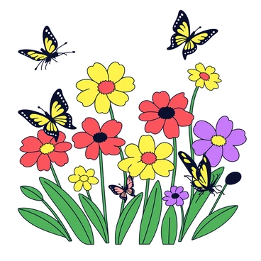 A garden filled with colorful flowers in various shades of red, yellow, and purple. Papillon butterflies with distinctive wing patterns of black and gold are fluttering gracefully among the blossoms. The butterflies are in different positions, some resting on the petals while others are mid-flight, showcasing their delicate wings. The flowers have green stems and lush green leaves surrounding them, creating a lively and vibrant atmosphere.