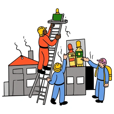 A group of firefighters with various skin tones is engaged in rescue drills within an indoor training facility. One firefighter, wearing a bright yellow helmet and red turnout gear, is climbing a tall ladder to reach a practice platform. Another firefighter, dressed in a blue uniform, is providing guidance from below, pointing towards the platform. In the background, several training props, such as a mock building and rescue dummies, are set up to simulate emergency situations. The atmosphere is focused and dynamic, showcasing teamwork and professionalism in their training.