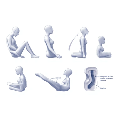 A series of illustrations depicting the process of Kegel exercises. Each frame shows a human figure in a side profile, emphasizing the pelvic region. The first image illustrates the starting position, with the figure seated comfortably. The next frame shows the figure contracting the pelvic muscles, highlighted with lines or arrows to indicate movement and engagement. The following frames demonstrate the relaxation of the muscles, again marked with directional cues. The sequence concludes with an image showing an anatomical view, focusing on strengthened pelvic muscles, clearly labeled for educational purposes.