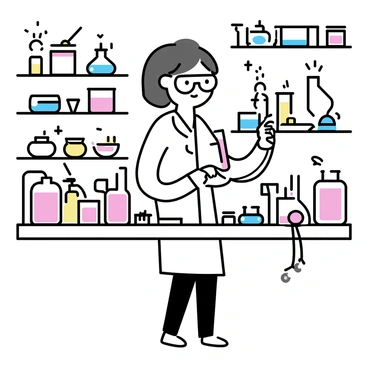 A cluttered laboratory filled with various equipment and tools scattered across the table. A person, wearing a white lab coat and safety goggles, is standing at the center. They are closely examining a test tube filled with a vibrant, colorful liquid. The background shows shelves lined with jars, containers, and scientific instruments, creating a sense of industrious activity. The person stands in a thoughtful pose, holding the test tube carefully as the light reflects off the liquid.