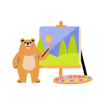A small bear standing on its hind legs in front of a canvas. The bear is holding a paintbrush in one paw and has splatters of paint on its fur. The canvas features a colorful landscape with bright blue skies and vibrant green trees. A wooden palette filled with various bright colors is resting on the ground beside the bear. The setting is cheerful and playful, showcasing the bear's artistic endeavor.