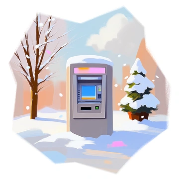 An ATM machine partially covered with a layer of fresh, white snow sits in a picturesque winter wonderland. Surrounding the machine, snow-laden trees with branches bending under the weight of the snowfall create a serene backdrop. The ground is also blanketed in a thick layer of snow, with soft, fluffy drifts nearby. The sky above is a gentle blue, hinting at clear weather, with a few fluffy white clouds scattered across. Snowflakes are delicately falling, adding to the tranquil atmosphere of the scene.