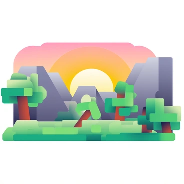 A vibrant sunrise is casting a warm glow over a blocky landscape. The sky is filled with shades of orange, pink, and yellow as the sun rises above the horizon. In the foreground, there are pixelated trees with green square-shaped leaves and brown trunks, arranged irregularly across the terrain. In the background, blocky mountains rise sharply, their faces displaying various shades of gray and brown, reflecting the colors of the sunrise. The ground is covered in a patchwork of green grass and brown earth, creating a striking contrast with the bright sky.