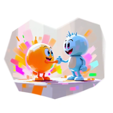 Two cartoon characters, one a round yellow character with big eyes and a wide smile, and the other a tall blue character with spiky hair and a confident expression, are shaking hands in the center of the scene. Their hands are clasped tightly, showing a sense of camaraderie. In the background, there is a vibrant explosion of colorful punch splattering in various directions, featuring shades of pink, orange, and green, creating a lively and dynamic atmosphere. The characters are shown in a playful pose, emphasizing their friendly interaction.
