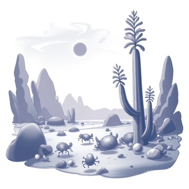 A vast landscape of an alien planet filled with unique flora and fauna. The ground is uneven, dotted with large, spiky rock formations that rise sharply from the surface. Tall, towering plants stretch upward, resembling giant ferns with intricate frond structures. Their leaves are broad and curving, each one adorned with peculiar patterns. In the foreground, a cluster of small, bulbous plants with smooth surfaces grows, some pulsating gently as if alive. 

Inhabitants of this alien world roam freely; a group of strange, multi-limbed creatures with elongated bodies and intricate textures skitters across the uneven terrain. They are surrounded by shimmering, translucent orbs that float gently in the air, emitting a soft glow. The sky above is filled with swirling patterns, hinting at the presence of distant galaxies and unusual celestial phenomena. A large, bright celestial body hangs low on the horizon, casting shadows that stretch dramatically across the landscape.