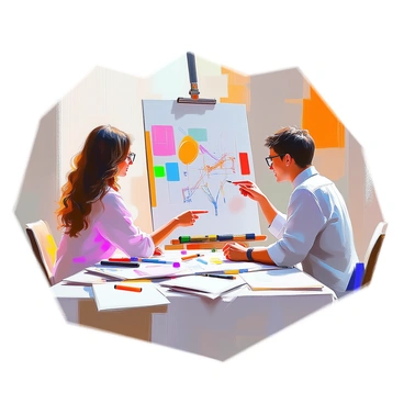 An artist with short brown hair, wearing glasses, sits at a table with sketching materials spread out in front of them. They are collaborating with a client, a woman with long curly hair, who is pointing at a sketch on the table while discussing ideas. Colorful sketches and notes are scattered around them, reflecting various concepts for the illustration. The artist has a focused expression, and the atmosphere is filled with creativity as they share thoughts and collaborate on the design. A few art supplies, like pencils and markers, are visible on the table, adding to the artistic environment.