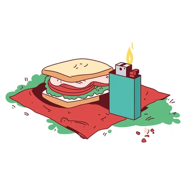 A teal lighter is placed next to a freshly made sandwich on a red picnic blanket. The sandwich is layered with crisp lettuce, juicy tomatoes, and slices of turkey, held together by two slices of whole-grain bread. The picnic blanket is spread out on a grassy area, with a few scattered crumbs around the sandwich, suggesting a pleasant and casual picnic setting. The lighter is positioned with its lid open, revealing a bright flame.