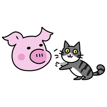 A pig face with round cheeks and large ears is smiling, showcasing a playful expression. The pig's snout is slightly wrinkled, and its eyes are wide and friendly. A curious cat with bright green eyes and a fluffy tail is crouched nearby, looking intently at the pig face. The cat has a striped coat with shades of gray and brown. The two are positioned in a way that suggests playful interaction, with the pig tilting its head and the cat pawing at the air, as if trying to engage the pig in a game.