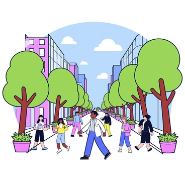 A bustling city street filled with people walking and engaging in various activities. Lining the street are neatly arranged trees with lush green leaves and colorful flower plants at their bases. The sky above is a bright blue with no clouds, creating a cheerful atmosphere. The buildings on either side of the street are modern and varied in height, adding to the urban landscape.