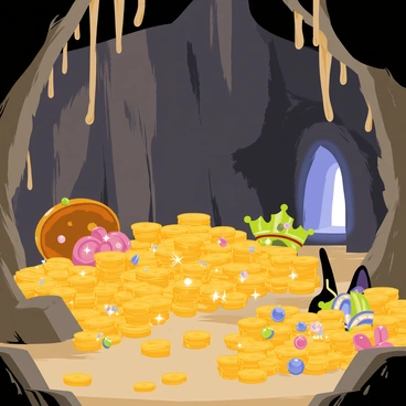 A hidden cavern with rugged stone walls that reflect light in a soft glow. Piles of gold coins and ornate jewels are scattered across the ground, creating a sparkling display. Ancient artifacts, including a weathered crown and intricate pottery, are partially buried in the treasure. Stalactites hang from the ceiling, dripping water that adds to the atmosphere, while a faint blue light emanates from a mysterious source in the corner of the cave.
