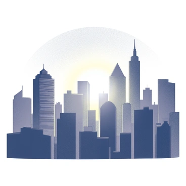 A city's skyline with a range of tall buildings and skyscrapers. The architecture includes various geometric shapes, such as rectangular and triangular forms. The scene captures the moment just before sunrise, with the first light of dawn illuminating the edges of the buildings. The sky above transitions from deep black to lighter shades as the light begins to rise. Shadows are cast by the buildings in the foreground, creating a contrast with the brightly lit edges. The overall atmosphere reflects the awakening of the city, with a hint of soft light beginning to break through the darkness.
