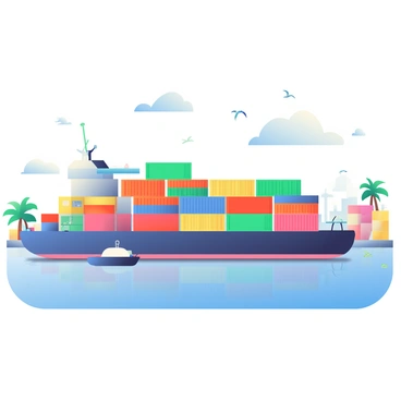 A large barge is floating in a sunny harbor, filled with an array of colorful shipping containers stacked neatly. The containers feature a mix of vibrant colors including red, blue, green, and yellow, creating a visually striking scene. The water in the harbor is calm and reflects the clear blue sky overhead. In the background, there are several small boats anchored, and a few seagulls are flying above the barge. The shoreline is lined with palm trees and vibrant buildings that add to the lively atmosphere of the harbor.