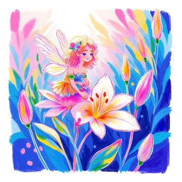 A tiny fairy with translucent wings is perched delicately on a blooming lily. The fairy has shimmering hair adorned with small flowers, and she is wearing a dress made of leaves and petals. The lily is vibrant, with large white petals, and the scene is surrounded by lush green foliage. Sunlight filters through the leaves, casting dappled shadows on the ground. The fairy gazes thoughtfully at her surroundings, with a gentle smile on her face.