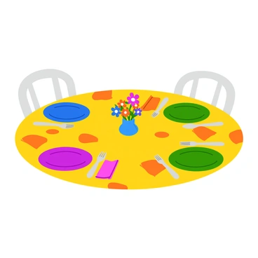 A dinner table set with vibrant plates and cutlery made from recycled plastics. The table is covered with a bright tablecloth featuring a playful pattern. Each plate has a unique color, with shades of blue, green, and yellow. The cutlery is shiny and has smooth, rounded edges. Centered on the table is a small vase filled with colorful flowers. Brightly colored napkins are folded neatly beside each plate, adding to the cheerful atmosphere.