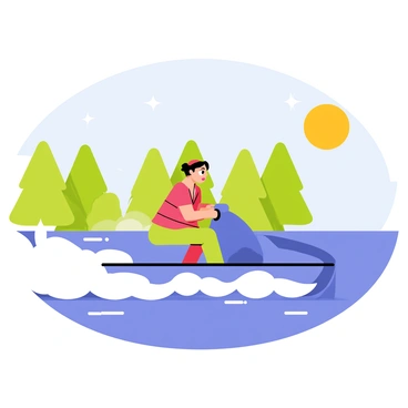 A person wearing a bright red life jacket is riding a blue personal watercraft across a sunlit lake. The watercraft is creating a spray of white water behind it as it moves swiftly. In the background, the lake is surrounded by lush green trees under a clear blue sky. The sun reflects off the water, creating sparkling highlights. The rider has a determined expression, enjoying the excitement of the ride.