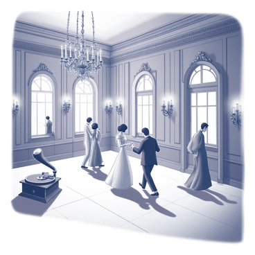 A spacious vintage ballroom with ornate details and high ceilings. The room is filled with elaborate chandeliers hanging from the ceiling, casting intricate shadows on the floor. Elegant decor surrounds the space, featuring large mirrors that reflect the ambiance. Ethereal, ghostly figures are dressed in formal attire, gracefully waltzing across the polished wooden floor. In the corner, a haunted gramophone stands, emanating sound as the guests move in rhythm. The atmosphere is thick with a sense of nostalgia and elegance.
