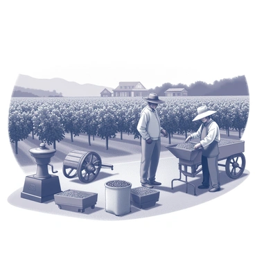 An old-fashioned coffee plantation with vintage equipment and attire