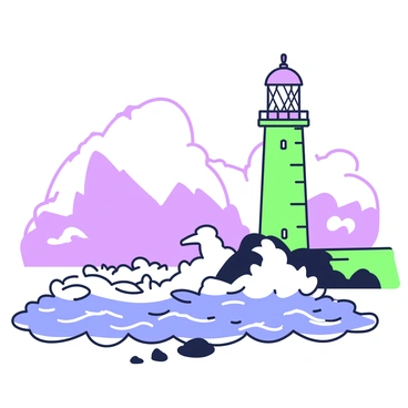 A steadfast lighthouse stands tall on a rocky cliff overlooking a turbulent sea. The lighthouse has a cylindrical shape with a bright light at the top, illuminating the dark sky. Waves crash against the base of the cliff, sending up sprays of white foam. The sea is choppy, with large swells rising and falling, reflecting the tumultuous weather. In the foreground, a few scattered rocks emerge from the water, creating a rugged coastline. The lighthouse serves as a beacon of safety, its light cutting through the darkness to guide ships navigating the stormy waters.