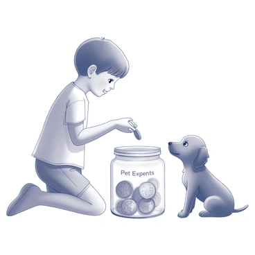 A child is kneeling beside a transparent glass jar labeled "Pet Expenses." The jar is filled with various coins, glinting under the light. The child has short hair and is wearing a t-shirt and shorts, focused intently on the task of dropping a shiny coin into the jar. Next to the child sits a small, cute puppy with floppy ears and a wagging tail, looking up with curious eyes. The puppy's fur is fluffy, and it appears to be eager and playful. The scene captures a moment of care and responsibility towards the puppy.