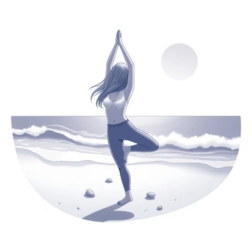 A figure in a yoga pose standing on a sandy beach. The figure has long hair flowing gently in the breeze. In the background, there are gentle waves lapping at the shore. The sun is high in the sky, casting distinct shadows on the sand. A few seashells are scattered around the figure's feet. The atmosphere appears bright and calm, creating a sense of tranquility.