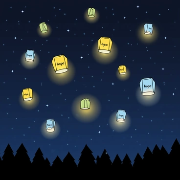 A dark night sky filled with numerous floating lanterns, each glowing softly. Each lantern is shaped like a traditional paper lantern, varying in colors including yellow, blue, and white. The lanterns drift upwards, illuminating the sky with a warm, gentle light. On each lantern, a single word representing "hope" is inscribed in elegant script. The words are written in different languages, adding a diverse element to the scene. Below, a silhouette of trees can be seen against the night sky, enhancing the magical atmosphere of the moment.
