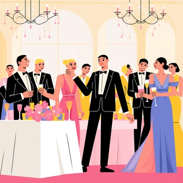 A glamorous evening gala takes place in a grand hall with crystal chandeliers hanging from the ceiling. Attendees are dressed in elegant evening wear, including men in classic tuxedos and women in flowing gowns. The women’s gowns feature intricate beadwork and bold colors, while the men accessorize with chic bow ties and cufflinks. Tables are adorned with lavish centerpieces of flowers and candles, casting a warm glow over the scene. Guests mingle and socialize, holding glasses of champagne, with smiles and laughter filling the air.