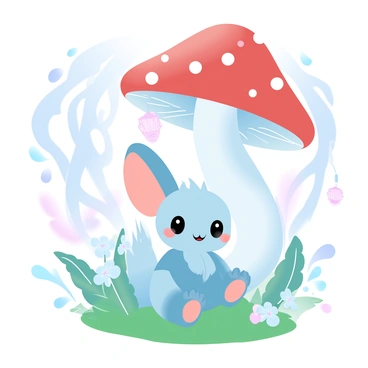 A whimsical creature with colorful fur and oversized ears is sitting under a giant mushroom. The mushroom has a vibrant red cap with white spots, towering above the creature. Surrounding the mushroom is lush green grass and ferns, with delicate wildflowers scattered throughout. In the background, tall trees with twisting trunks create a canopy, allowing soft beams of light to filter through. The scene is filled with various fantastical elements, including sparkling orbs floating in the air and tiny lanterns hanging from branches.
