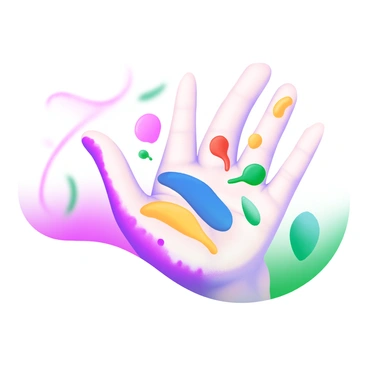 A modern pastel illustration of an open hand splattered with "vibrant paint" in various colors such as red, blue, yellow, and green. The fingers are spread wide, showcasing the mix of colors on the palm and fingertips. The background features subtle swirls of soft pastel hues, enhancing the focus on the hand. Each paint splatter has distinct edges, creating a lively and dynamic effect.