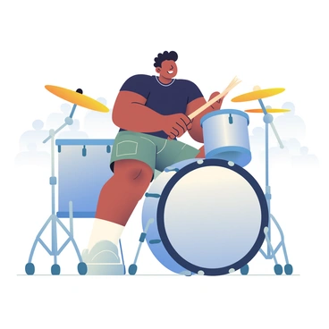 A musician playing a drum set with arm muscles in action