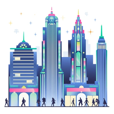 A city skyline features a range of art deco buildings at night. The buildings have intricate geometric designs and are tall, reaching towards the starry sky. Each structure is adorned with vibrant neon lights in shades of blue, pink, and green that illuminate their facades. Reflections of the neon lights shimmer off nearby glass surfaces, creating a lively atmosphere. The ground below is busy with silhouettes of people walking, creating a sense of life beneath the dazzling lights above.