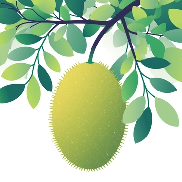 A large jackfruit, with a spiky green exterior, is hanging from a sturdy tree branch. The jackfruit is surrounded by various lush green leaves, creating a dense canopy. The leaves are broad and textured, some illuminated by sunlight filtering through. The background features additional tree branches with more foliage, enhancing the vibrant natural setting. The overall scene is filled with rich greenery, emphasizing the tropical environment.