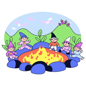 A group of whimsical little elves with pointy ears and colorful attire are playing around a bubbling lava pool. The elves have cheerful expressions, and their garments are adorned with tiny flowers and stars. The lava pool emits bright orange and yellow hues as it bubbles up, surrounded by smooth, dark rocks. In the background, there are vibrant green hills and sparkling plants that add to the magical landscape. The sky above is a gradient of soft blues and purples, enhancing the enchanting atmosphere.