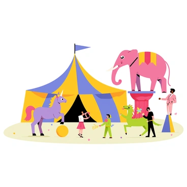 A whimsical illustration of a fantasy circus with mythical creatures as performers