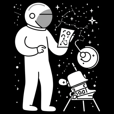 An astronaut, wearing a white space suit with a reflective helmet, is floating in the vastness of space. The backdrop is filled with countless stars against the deep blackness of the universe. The astronaut is holding a detailed starmap, examining the intricate constellations and celestial bodies illustrated on it. Various spacecraft components are visible nearby, with the Apollo mission's iconic command module partially in view. The astronaut's gloved finger is tracing a path on the starmap, indicating a route through the stars.